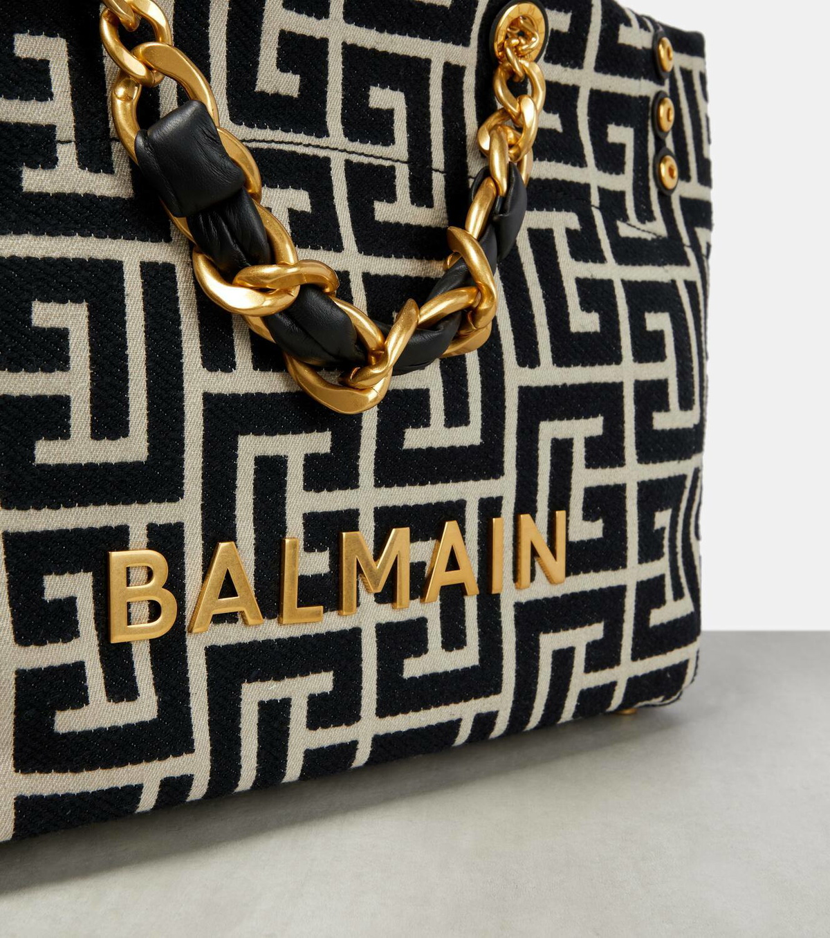 【BALMAIN】1945 ジャカード トートバッグ レザートリム Balmain 1945 leather tote bag Balmain