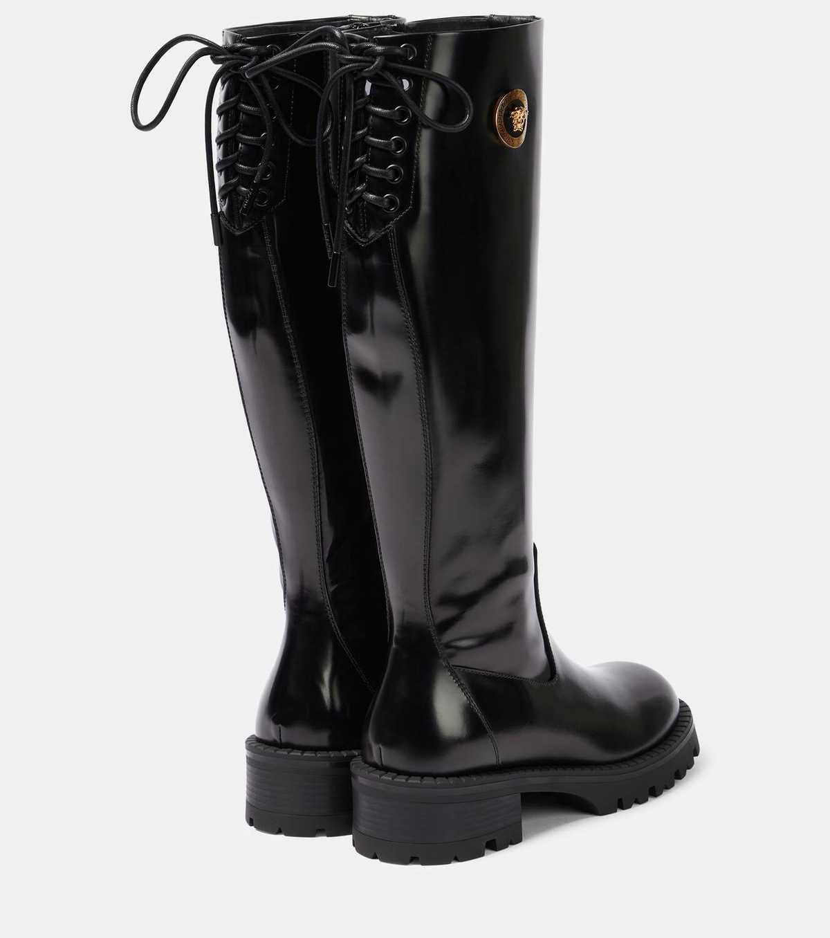 Versace Black Leather Knee-High Lace-Up Boots Versace Eco-Leather Knee-High Boots In Black - 50% Off  main image 4