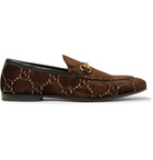 Gucci - Horsebit Leather-Trimmed Logo-Embroidered Velvet Loafers - Men - Dark brown