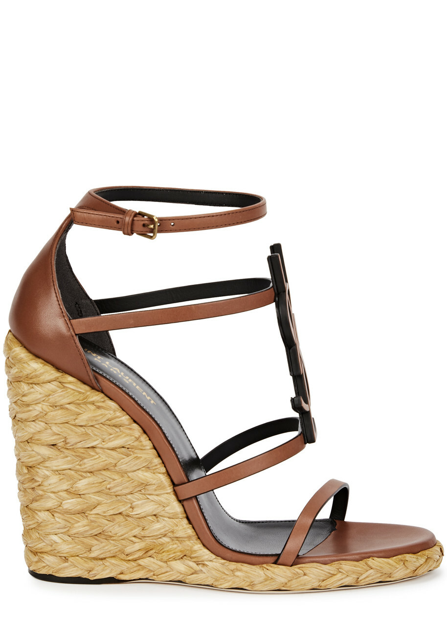 Saint Laurent Cassandra 100 Leather Wedge Espadrilles Tan