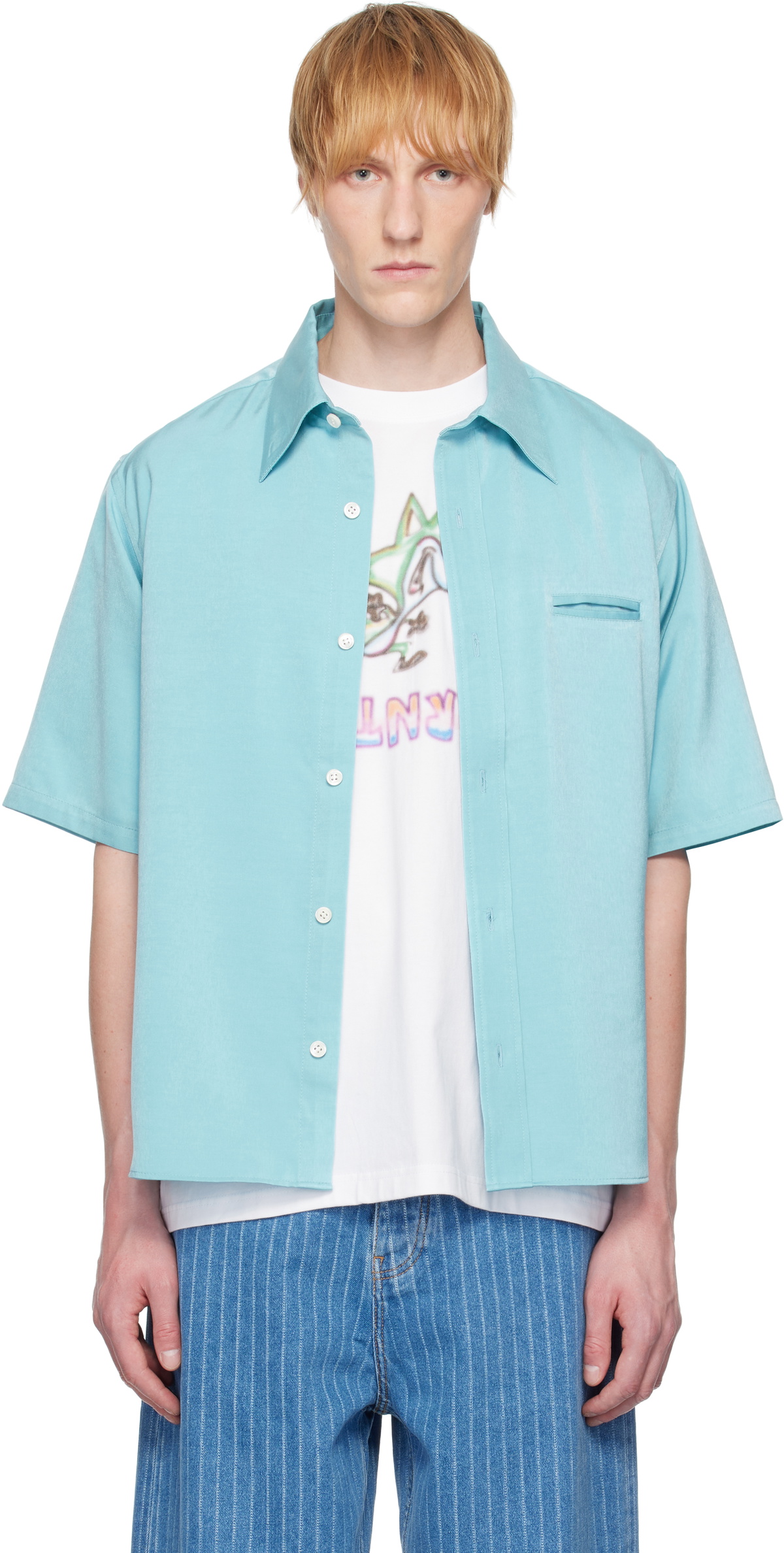 RICE NINE TEN Blue Medium-Short Cupro Satin Shirt