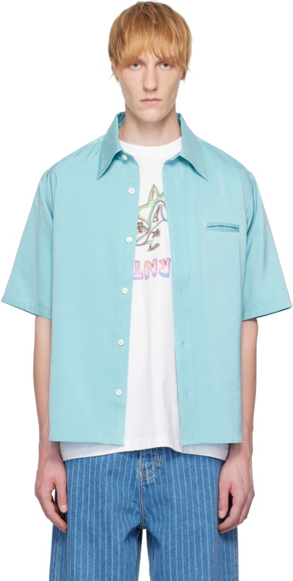 Photo: RICE NINE TEN Blue Medium-Short Cupro Satin Shirt