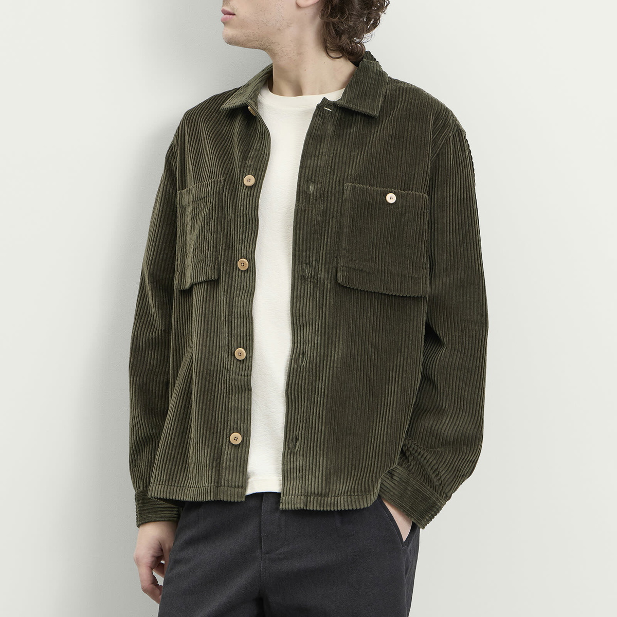 Folk Men's Patch Overshirt in Deep Sage Chunky Cord