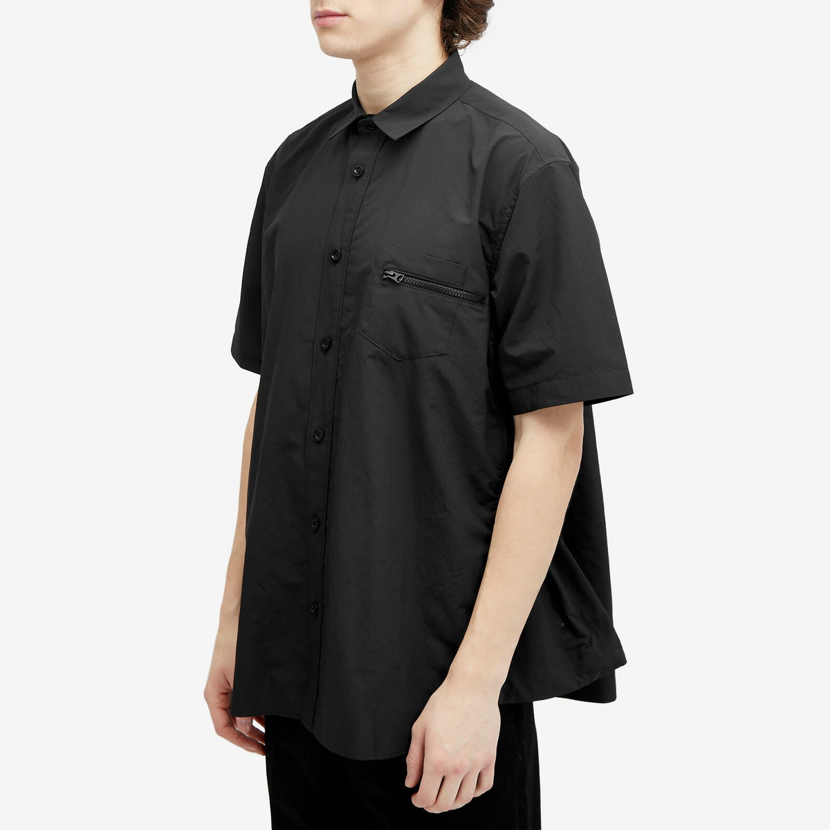 Tシャツ・カットソー sacai FW25 SUITING SHIRT (2507943 001) Sacai Men's Matte Taffeta Zip Short Sleeve Shirt in Black Sacai