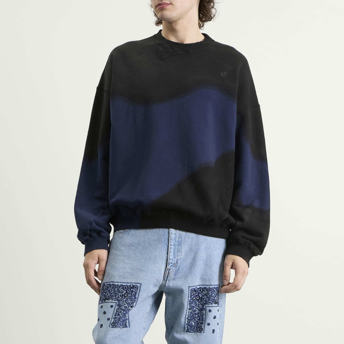 NOMARHYTHM TEXTILE Men's Hand Dye Twist Sweatshirt in Navy X Black