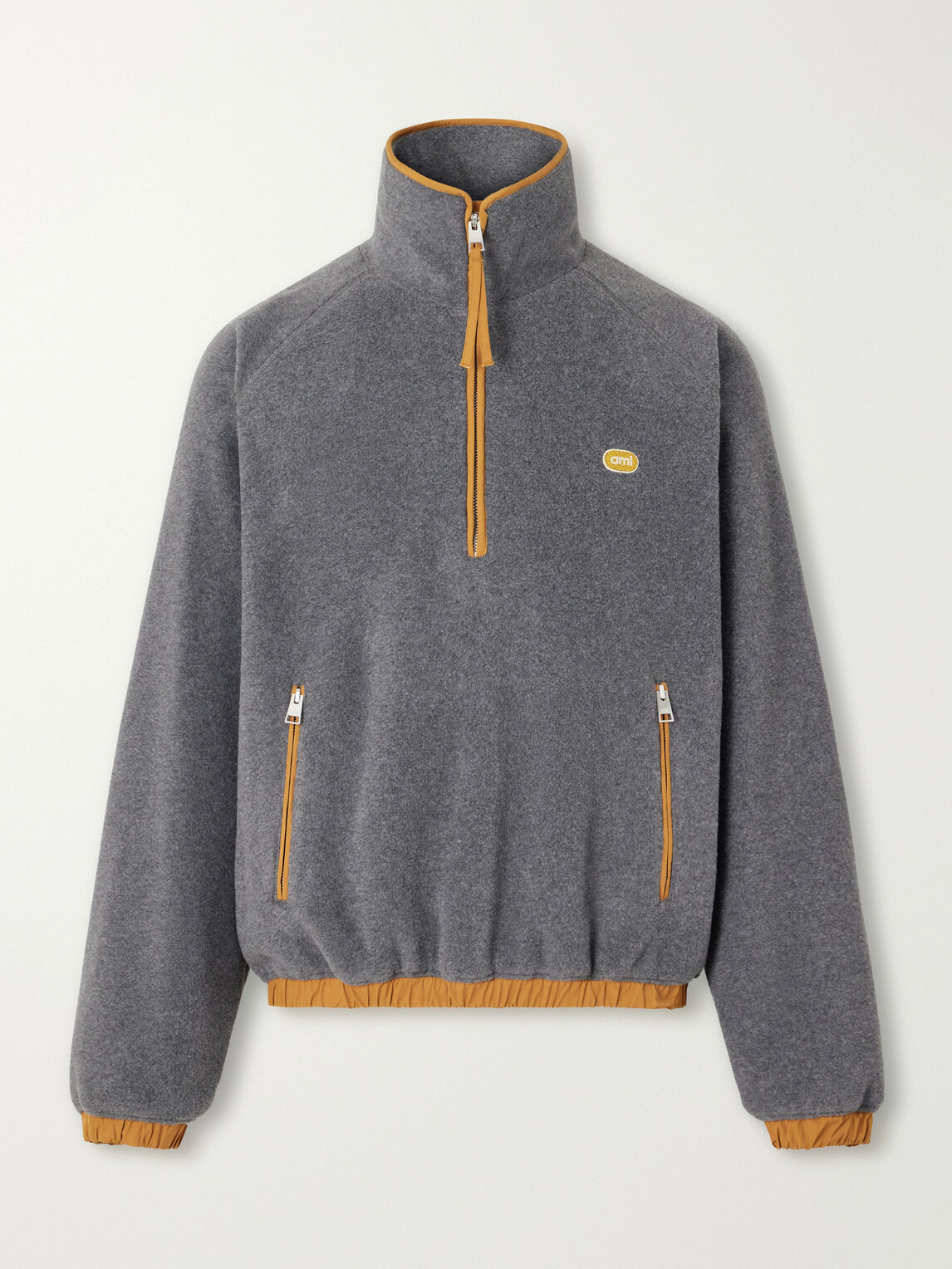 AMI PARIS - Logo-Appliquéd Shell-Trimmed Fleece Half-Zip Sweater - Gray