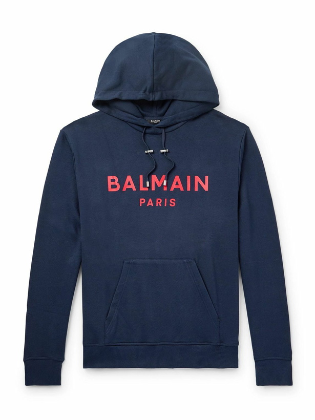 Photo: Balmain - Logo-Print Stretch Cotton-Blend Jersey Hoodie - Blue