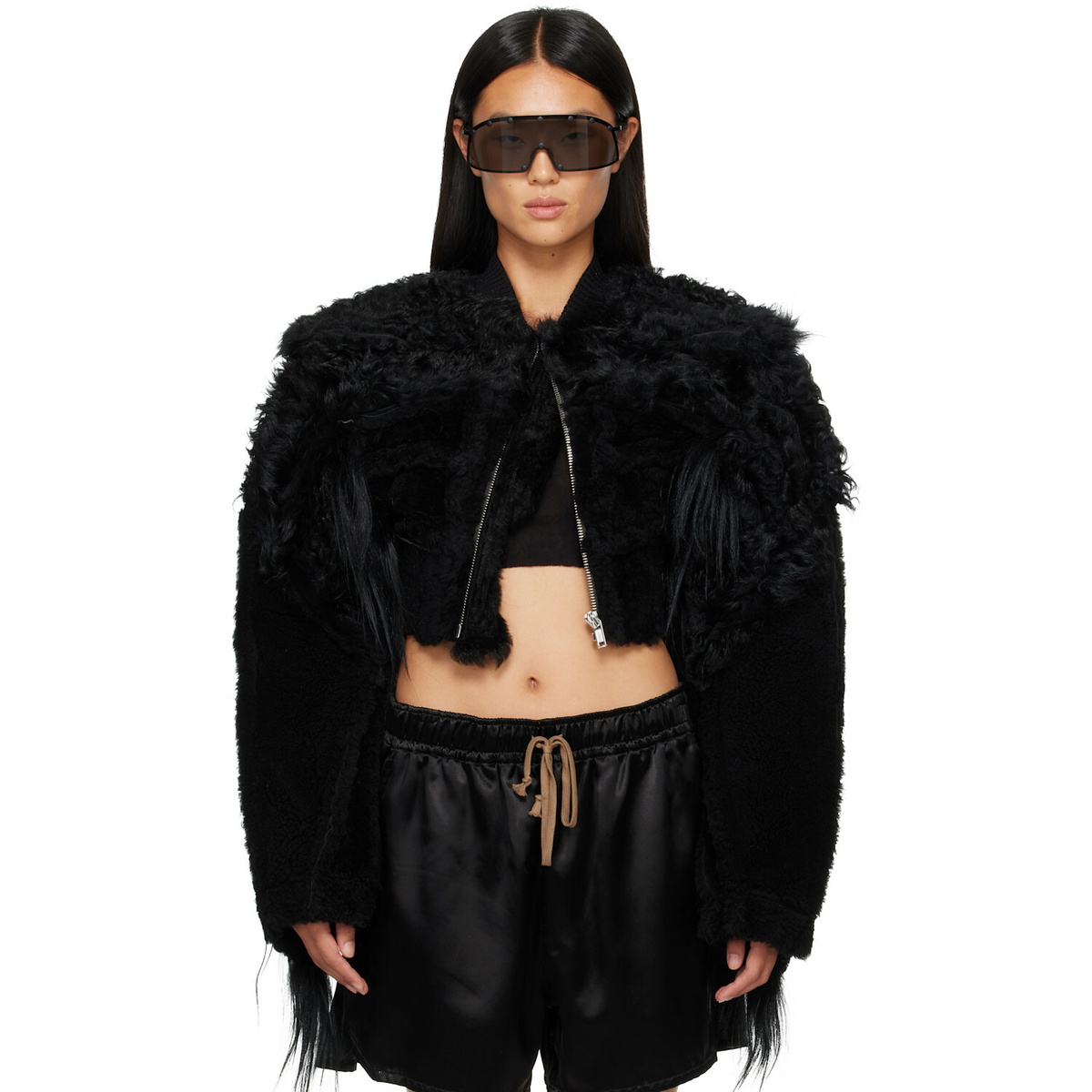 Rick Owens Black Tower Collage Cropped Shearling Bomber Jacket