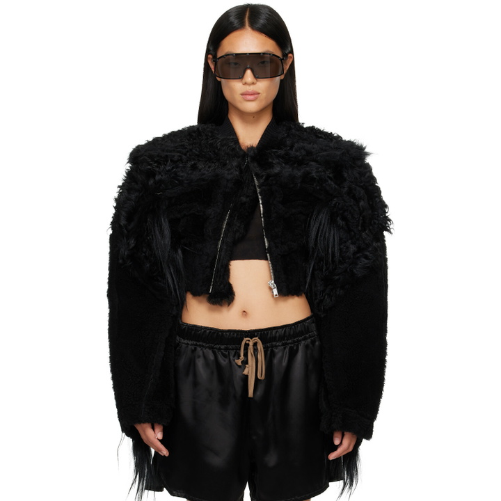 Photo: Rick Owens Black Tower Collage Cropped Shearling Bomber Jacket