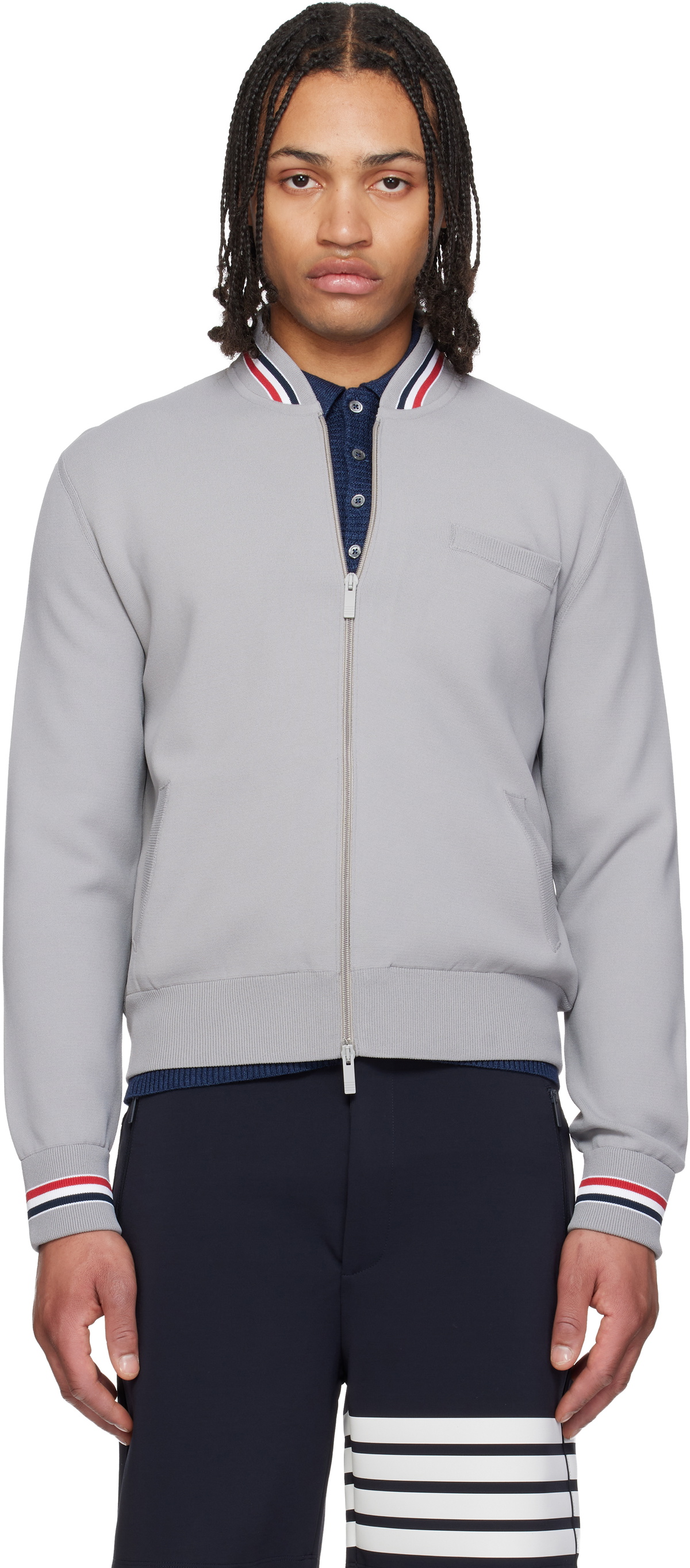 Thom Browne Gray 'Browne 65' Intarsia Zip Up Bomber Jacket