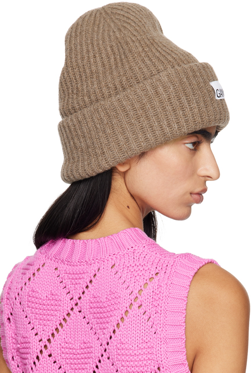 GANNI Taupe Oversized Wool Rib Knit Beanie GANNI
