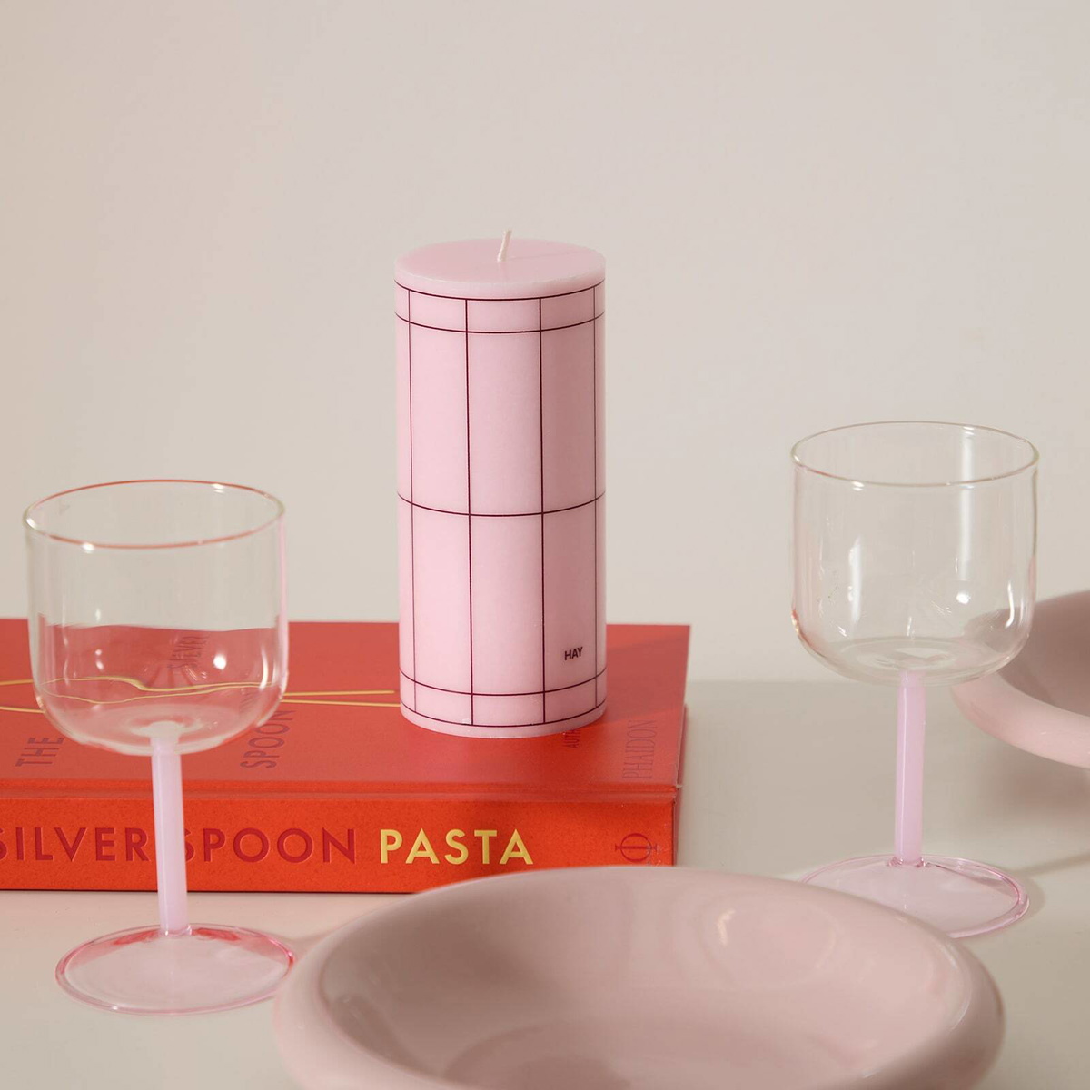HAY Column Candle - Small in Light Pink/Bordeaux Grid 