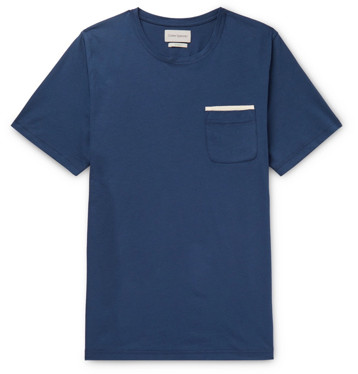 Photo: Oliver Spencer - Herringbone-Trimmed Organic Cotton-Jersey T-Shirt - Blue