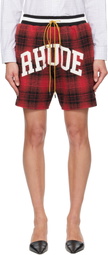 Rhude Red & Black Flannel 'Rhude' Collegiate Court Logo Shorts
