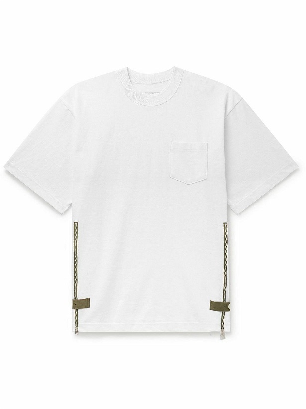 Photo: Sacai - Grosgrain-Trimmed Button and Zip-Detailed Cotton-Jersey T-Shirt - White