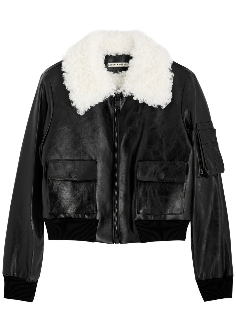 Alice + Olivia Willard Faux Fur-trimmed Faux Leather Jacket Black