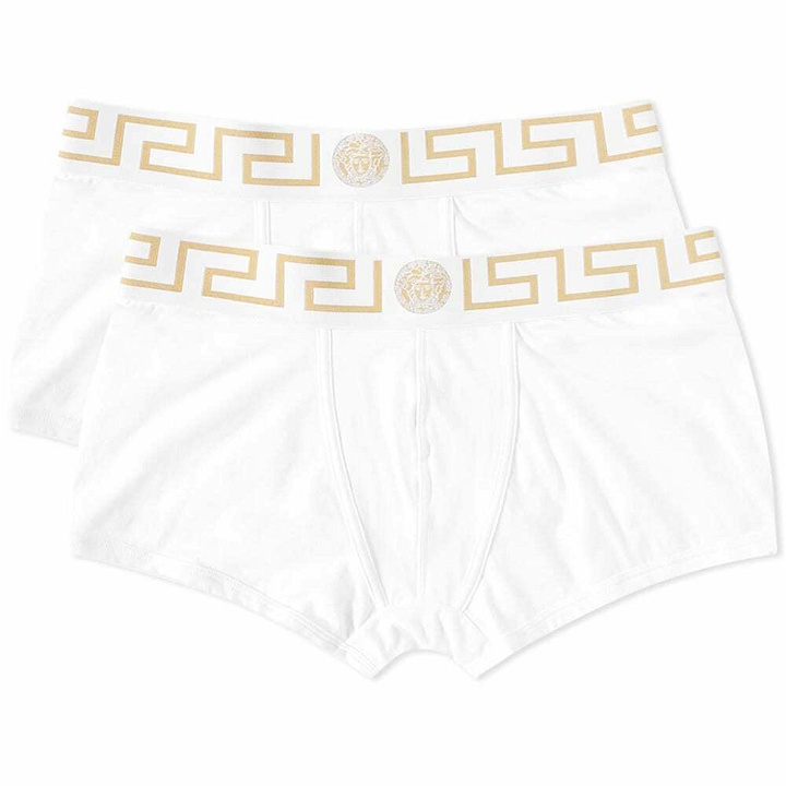 Photo: Versace Men's Greek Logo Waistband Boxer Trunk - 2 Pack in White/Gold