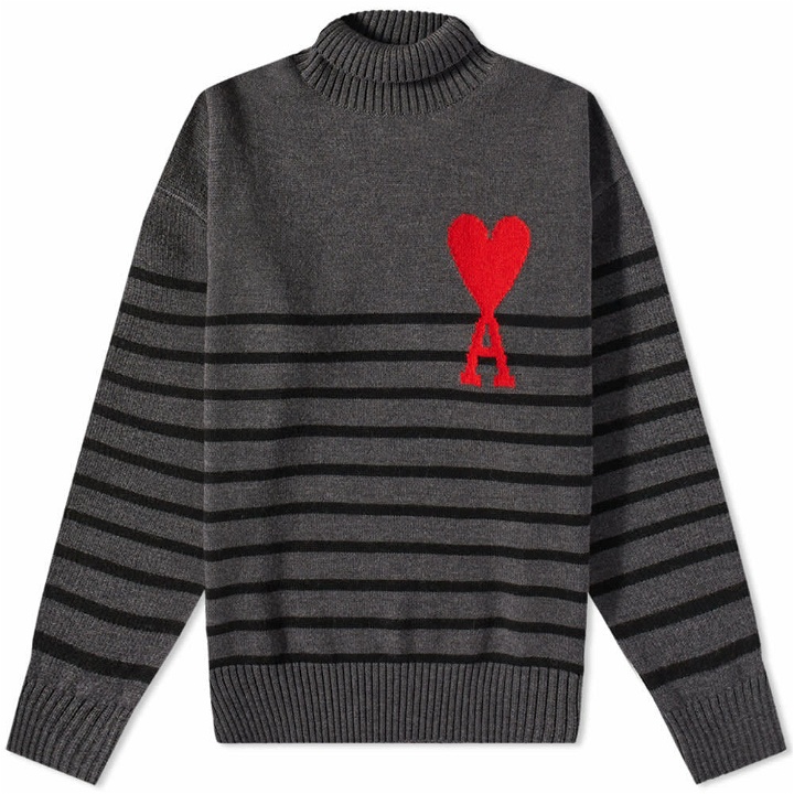 Photo: AMI Men's Large A Heart Striped Roll Neck Knit in Grey/Black/Red