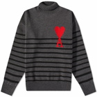 AMI Men's Large A Heart Striped Roll Neck Knit in Grey/Black/Red