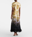 La DoubleJ Swing feather-trimmed floral silk twill maxi dress