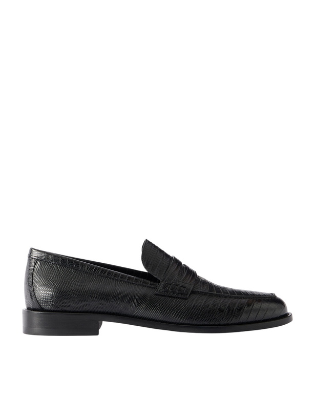Photo: Manolo Blahnik - Perry Lizard-Effect Leather Penny Loafers - Black