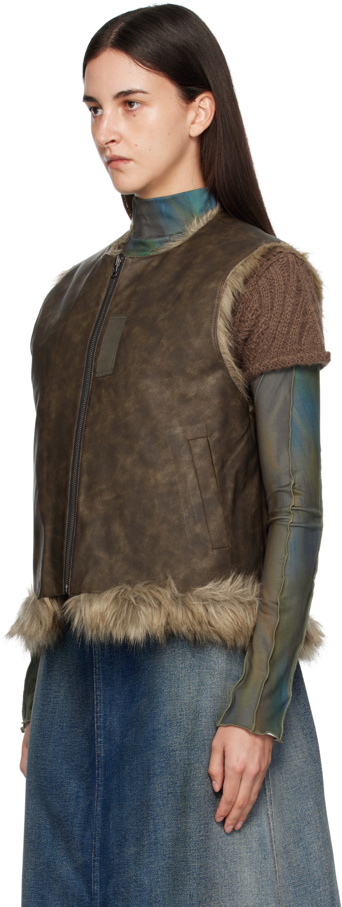 Andersson Bell Brown Curved Placket Reversible Faux-Fur Vest