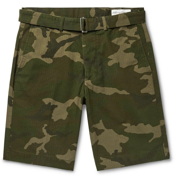 Photo: Officine Generale - Julian Slim-Fit Belted Camouflage-Print Cotton and Nylon-Blend Ripstop Shorts - Army green