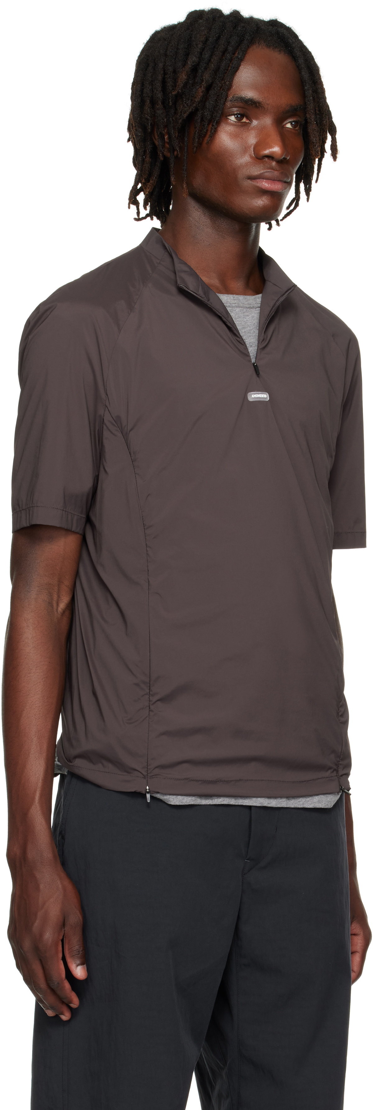 AMOMENTO Brown Mock Neck Zip T-shirt