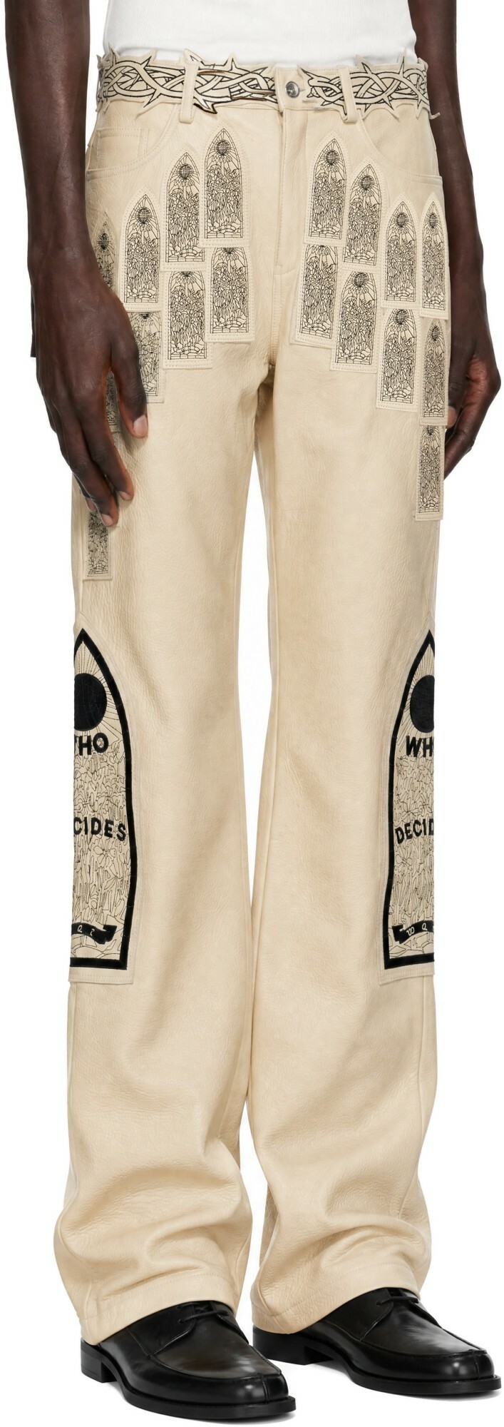 Who Decides War Beige Patched Arch Embroidered Leather Trousers