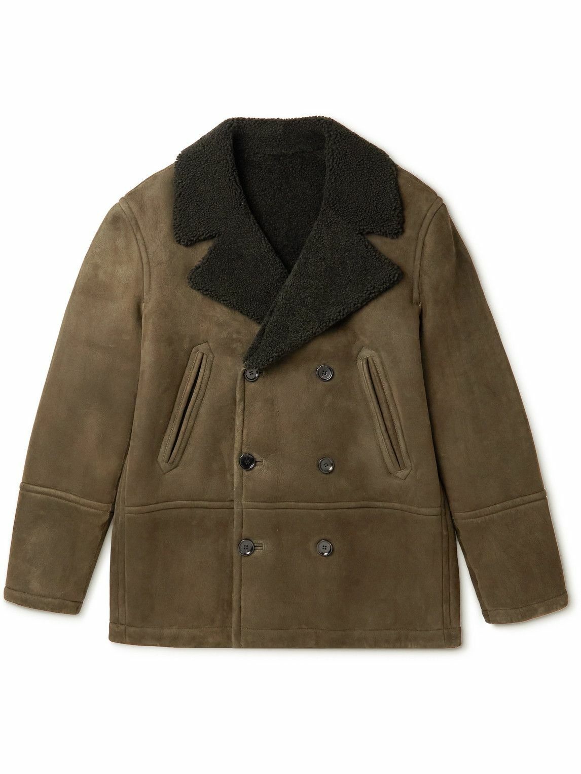 Photo: Yves Salomon - Double-Breasted Shearling-Lined Suede Peacoat - Green