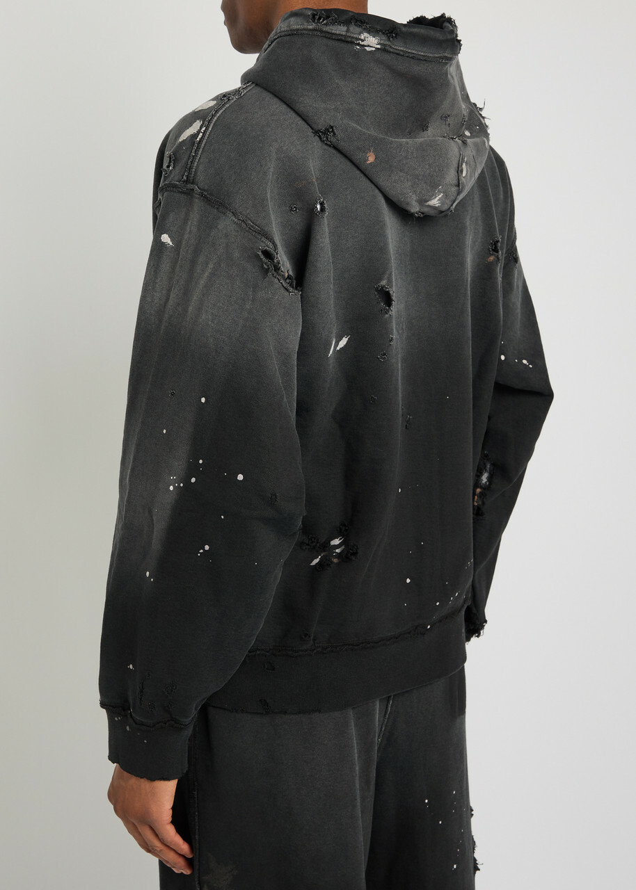Satoshi Nakamoto Luke Printed Hooded Distressed Cotton Sweatshirt Black