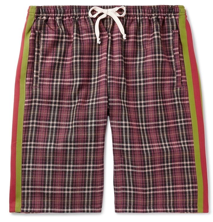 Photo: Gucci - Wide-Leg Striped Checked Cotton Drawstring Shorts - Red