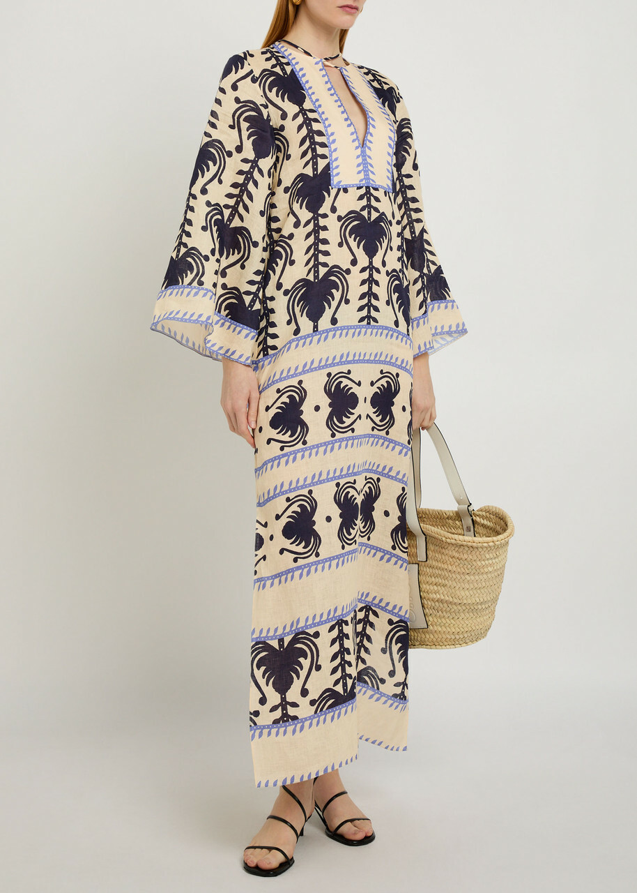 Johanna Ortiz Savannah Patterned Linen Maxi Tunic Dress Beige