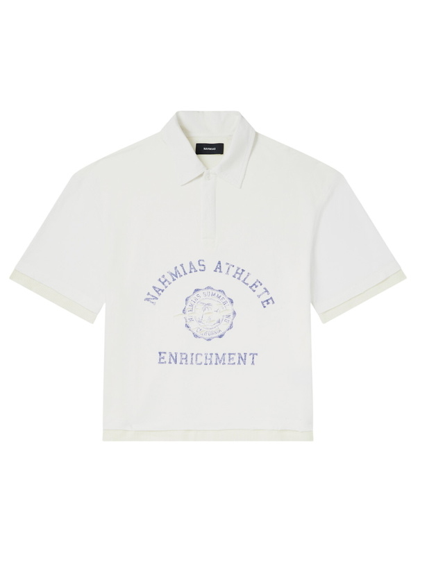 Photo: NAHMIAS - Destroyed Logo-Print Pointelle-Knit Cotton Polo Shirt - White