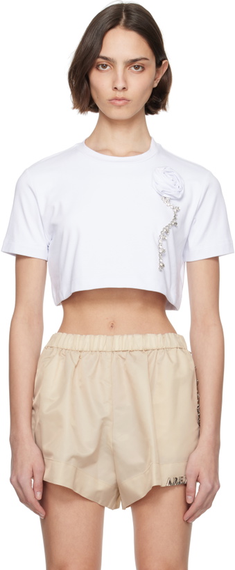 Photo: AREA White Crystal Rosette Cropped T-shirt