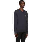 Maison Kitsune Navy Wool Fox Head V-Neck Sweater