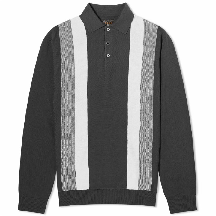 Photo: Beams Plus Men's 12g Stripe Knit Long Sleeve Polo Shirt in Black