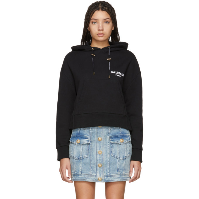 Balmain Black Cropped Logo Hoodie Balmain