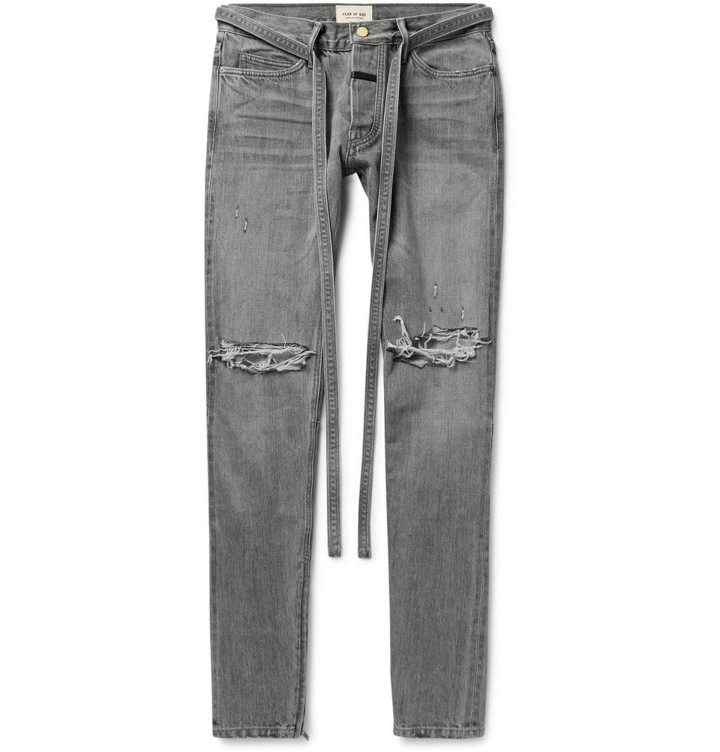 Photo: Fear of God - Slim-Fit Tapered Belted Distressed Selvedge Denim Jeans - Gray