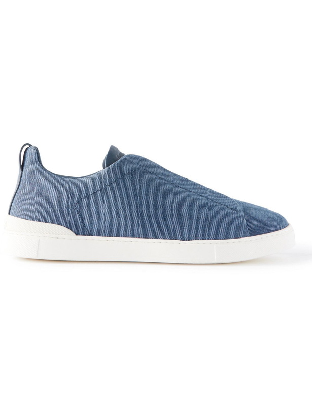 Photo: Zegna - Triple Stitch Leather-Trimmed Canvas Sneakers - Blue