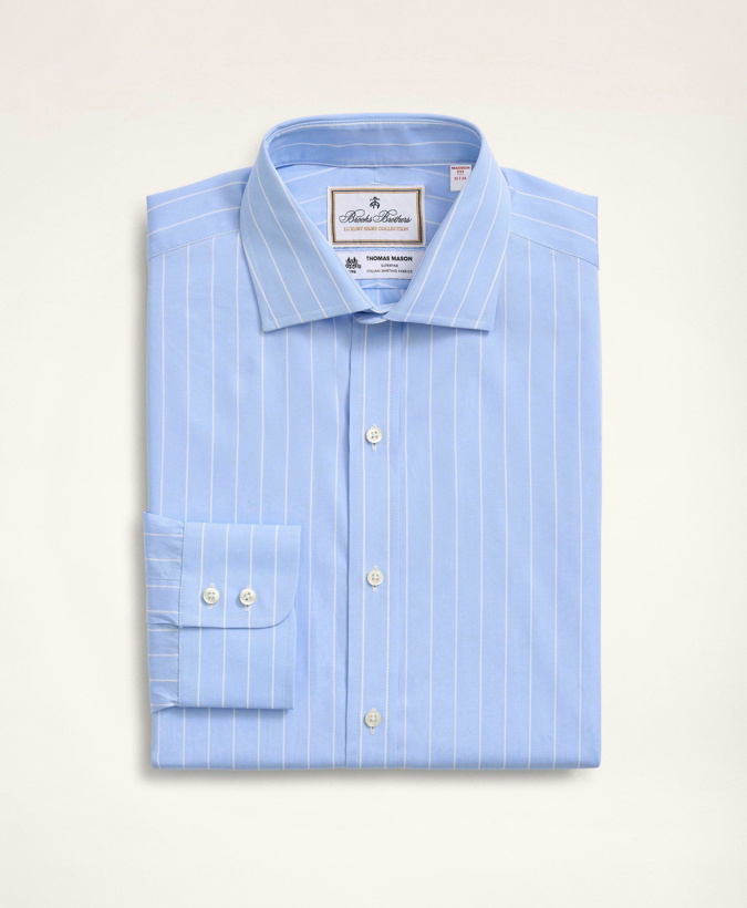 Photo: Brooks Brothers Men's x Thomas Mason Madison Relaxed-Fit Dress Shirt, Poplin English Collar Bold Stripe | Light Blue