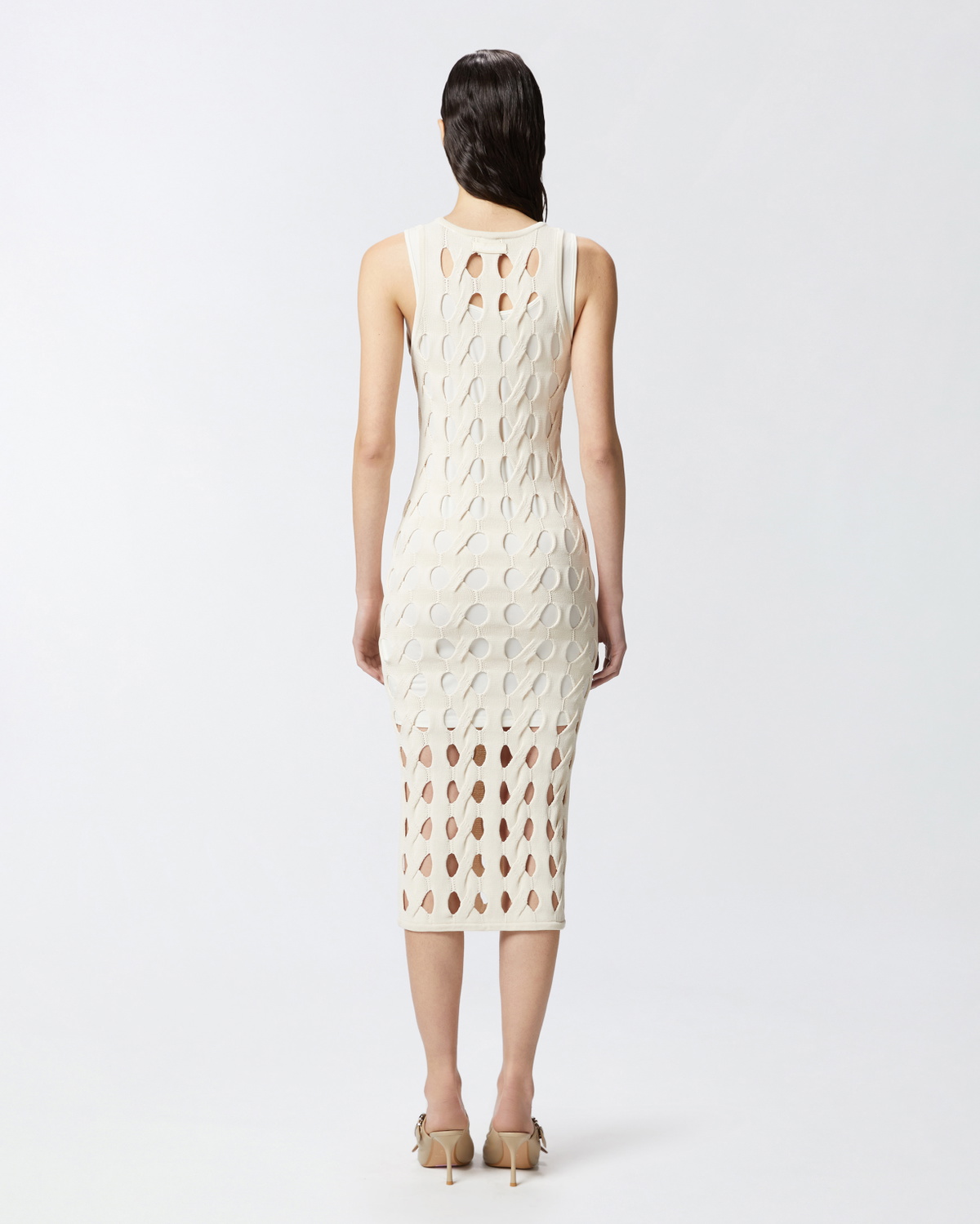 Pinko Perforated Knit Midi Dress Swan White