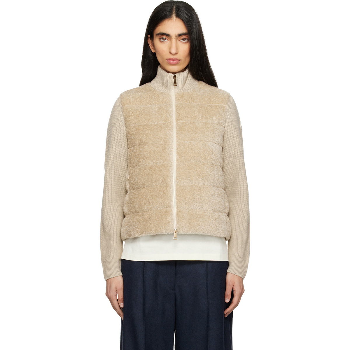Moncler Beige Padded Teddy & Wool Zip-Up Down Jacket
