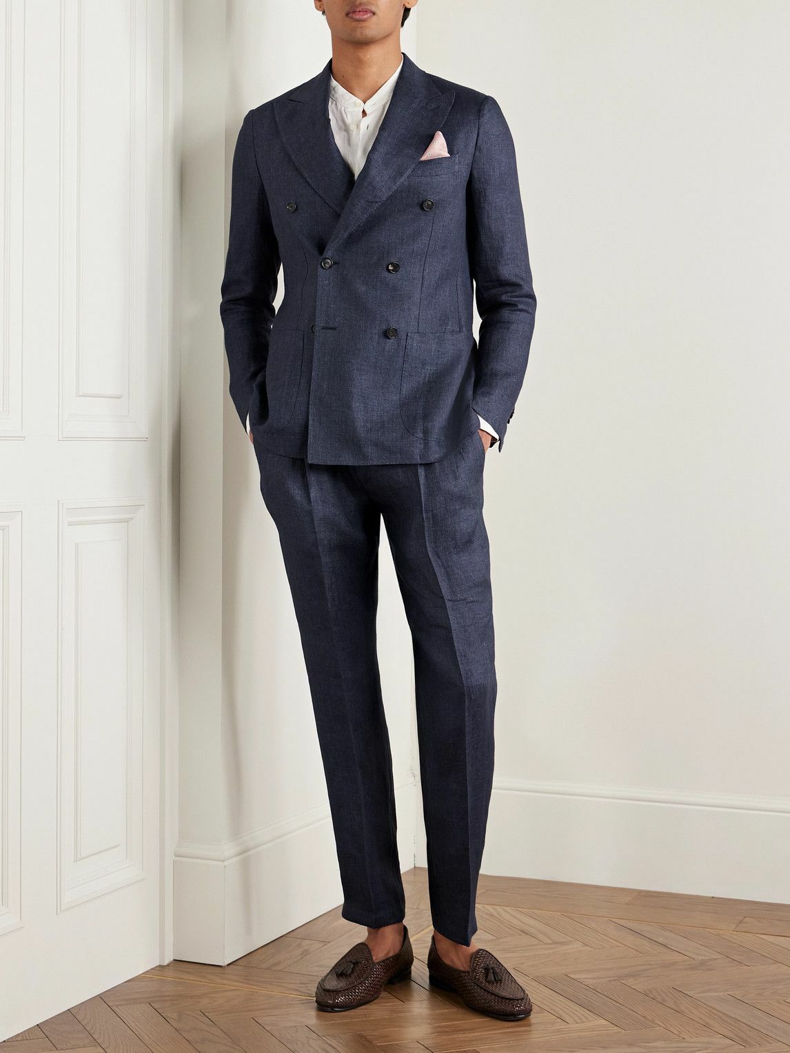 De Petrillo - Vesuvio Double-Breasted Linen Suit Jacket - Blue De