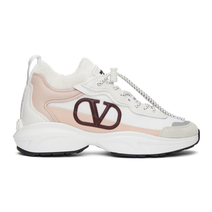Valentino White and Pink Valentino Garavani Fuzzy VLogo Sneakers