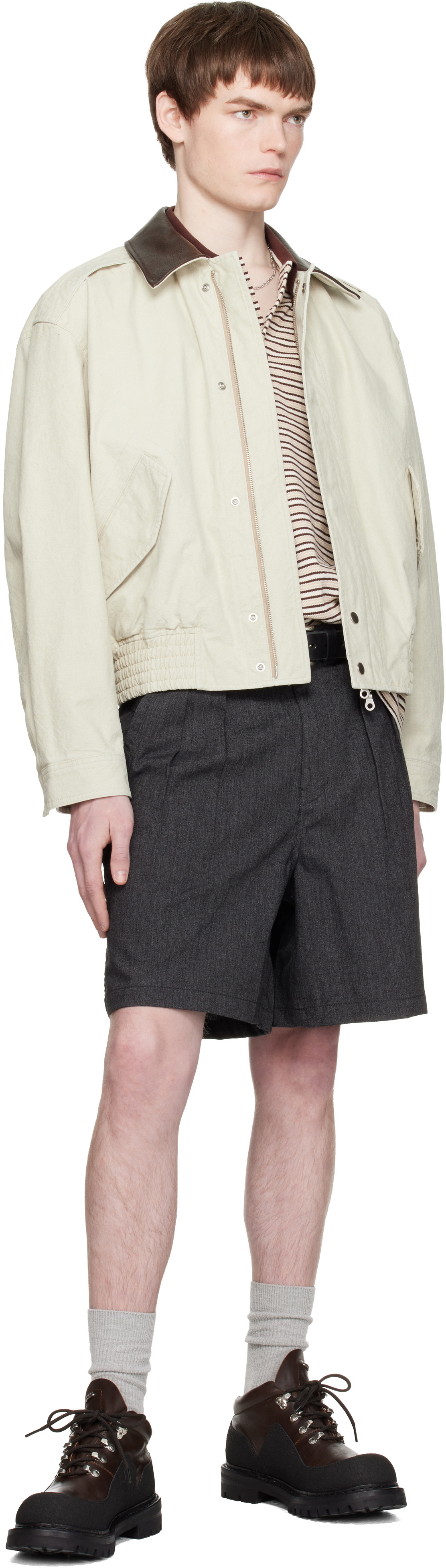 COOR Off-White Leather Collar Washed Cationized Bomber Jacket