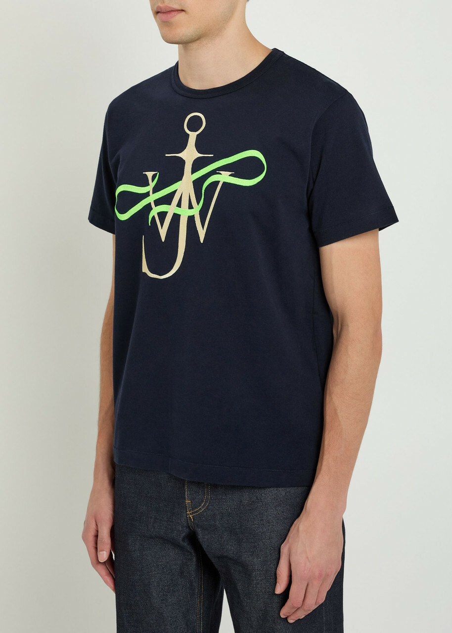 JW Anderson Ribbon Anchor Embroidered Cotton T-shirt Navy