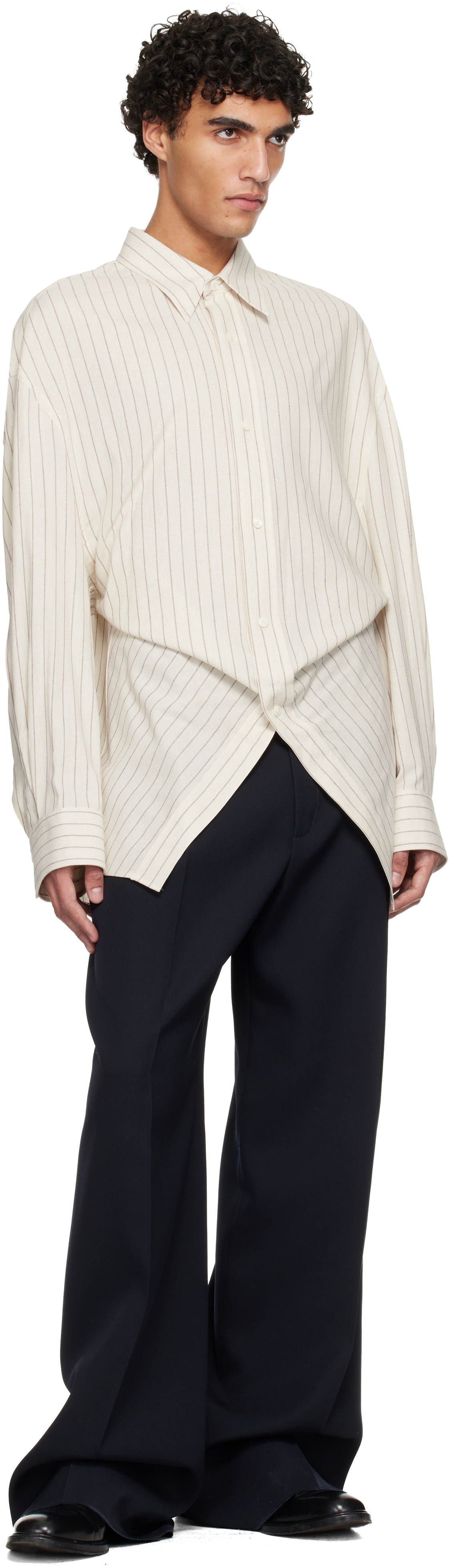 Hed Mayner Beige Pin Stripe Shirt