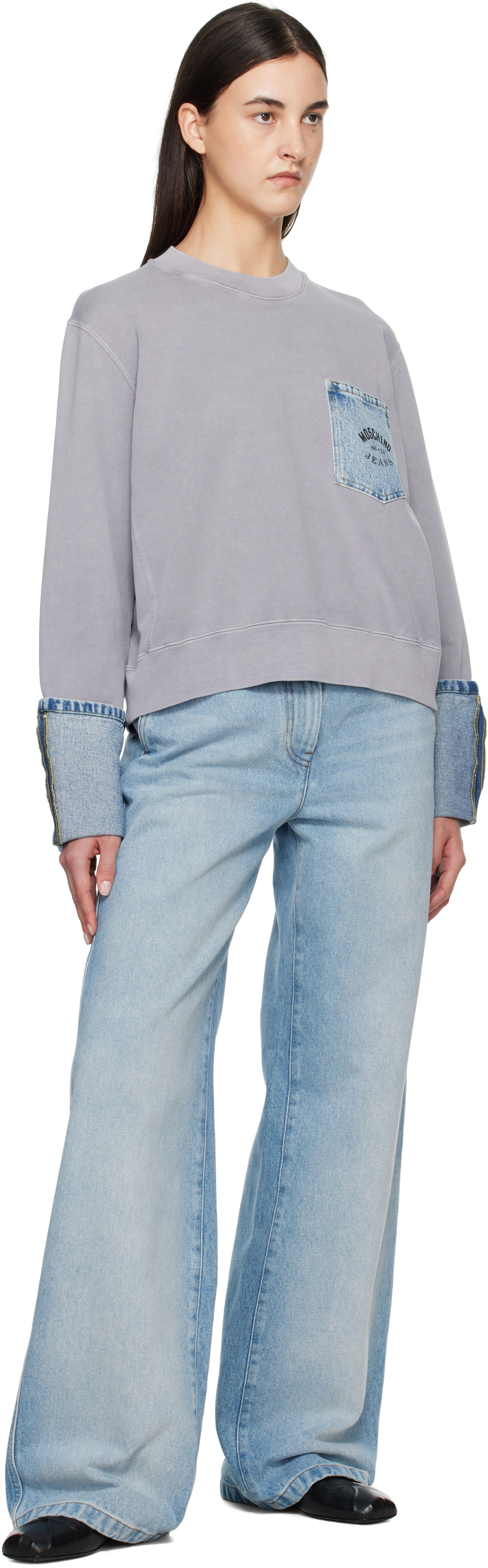 Moschino Jeans Gray Cotton Denim Details Sweatshirt
