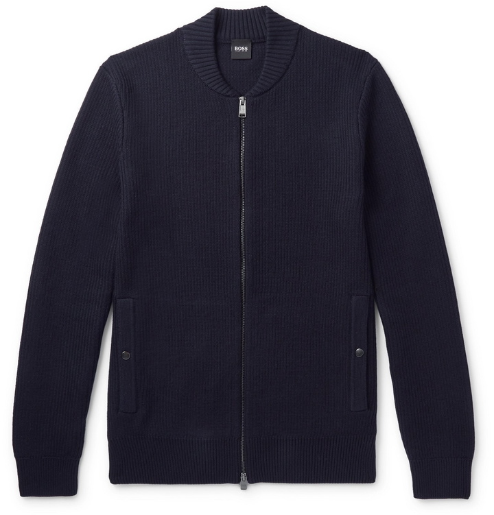 Photo: Hugo Boss - Slim-Fit Ribbed Cotton and Virgin Wool-Blend Zip-Up Cardigan - Blue